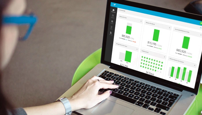 The Harpoon dashboard showing revenue tracking, financial goals, and business metrics
