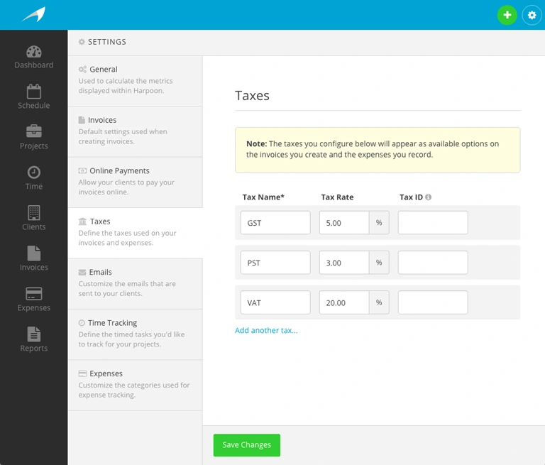 Harpoon Tax Settings