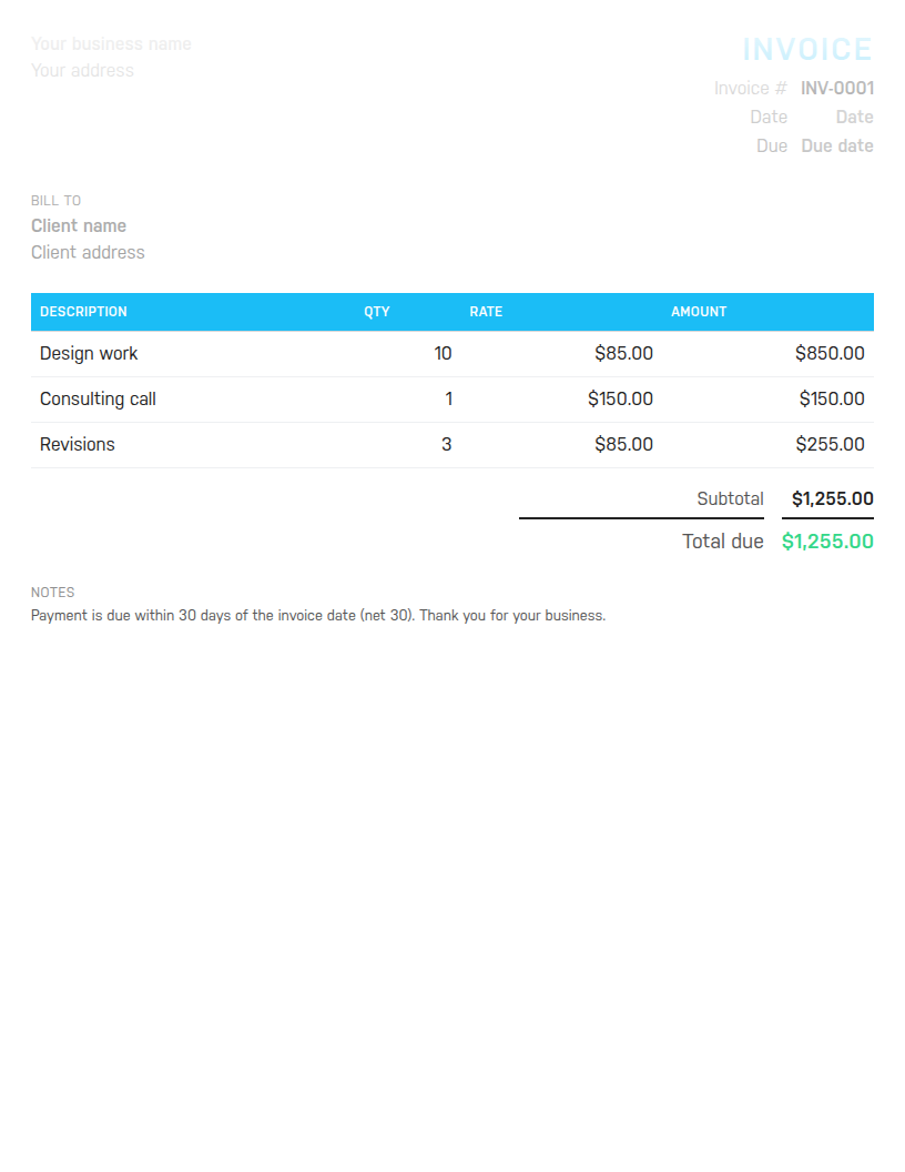 Preview of the Harpoon freelance invoice template