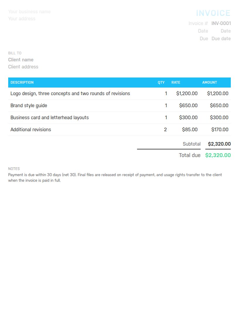 Preview of the Harpoon freelance graphic designer invoice template