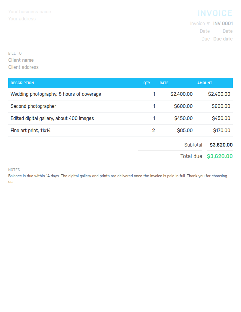 Preview of the Harpoon photography invoice template
