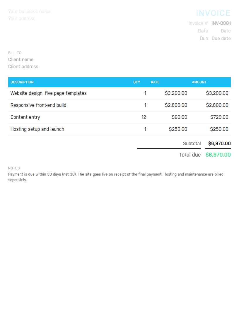 Preview of the Harpoon web design invoice template